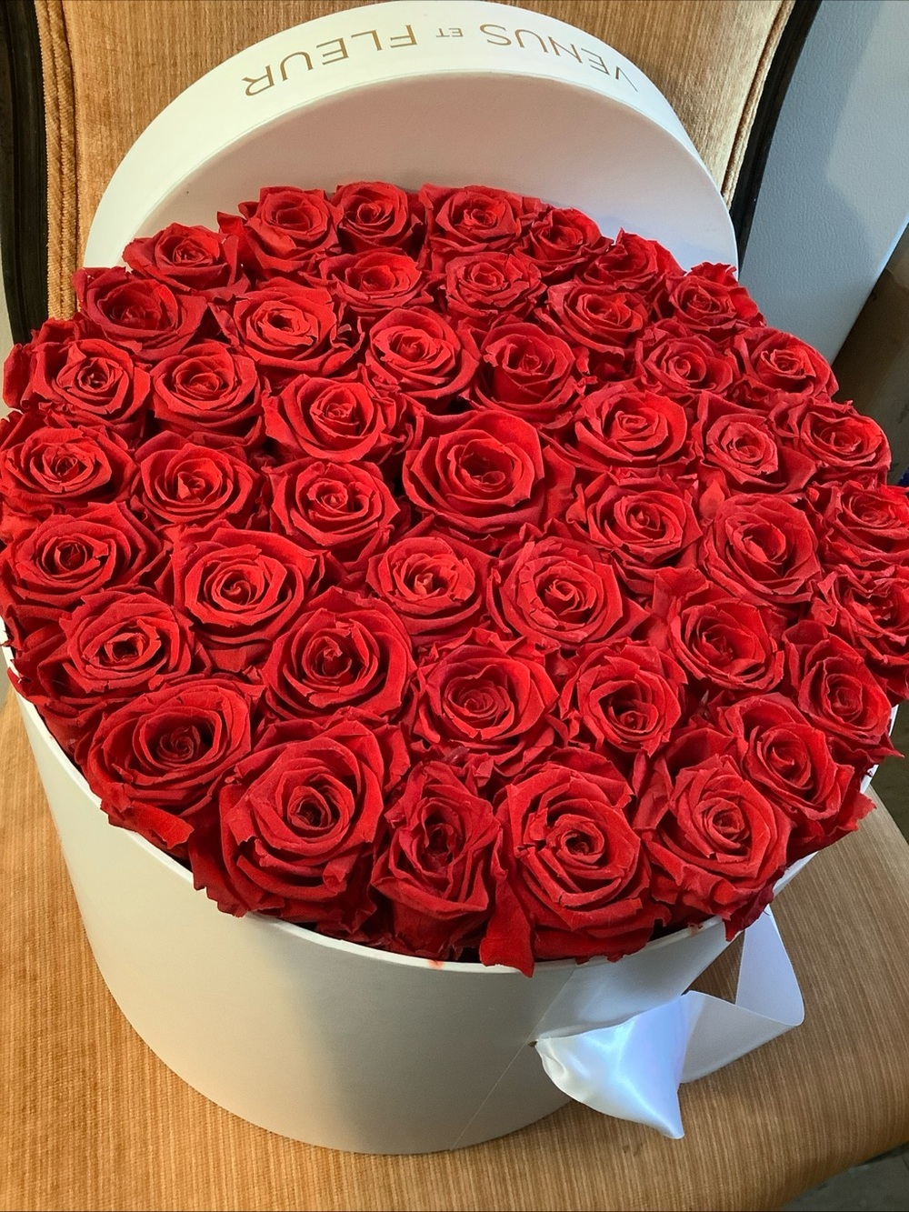 Venus Et Fleur Large Round White Box 46 Red Eternity Preserved Roses Luxury - Picture 9 of 13